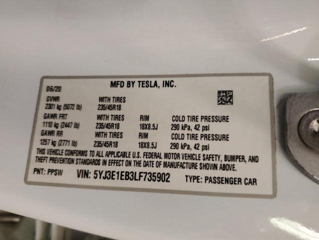 2020 Tesla Model 3 VIN: 5YJ3E1EB3LF735902 Lot: 51345974