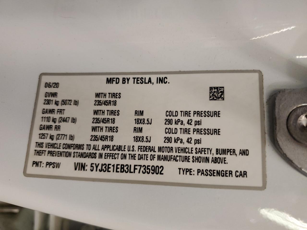 5YJ3E1EB3LF735902 2020 Tesla Model 3