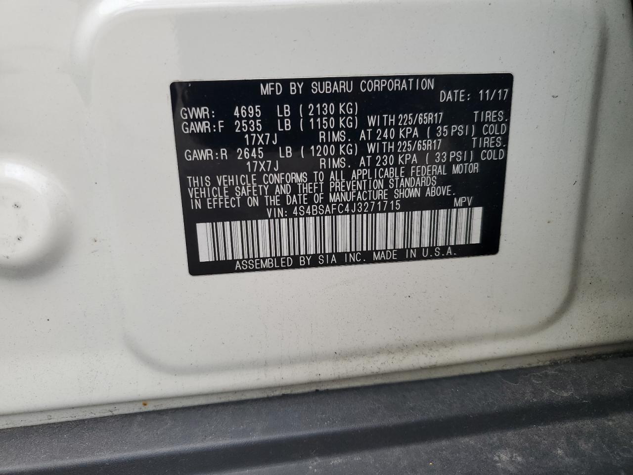 4S4BSAFC4J3271715 SUBARU OUTBACK 2018