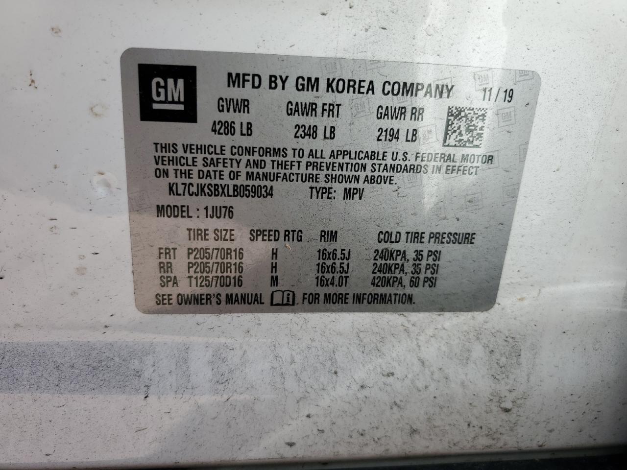 KL7CJKSBXLB059034 CHEVROLET TRAX 2020