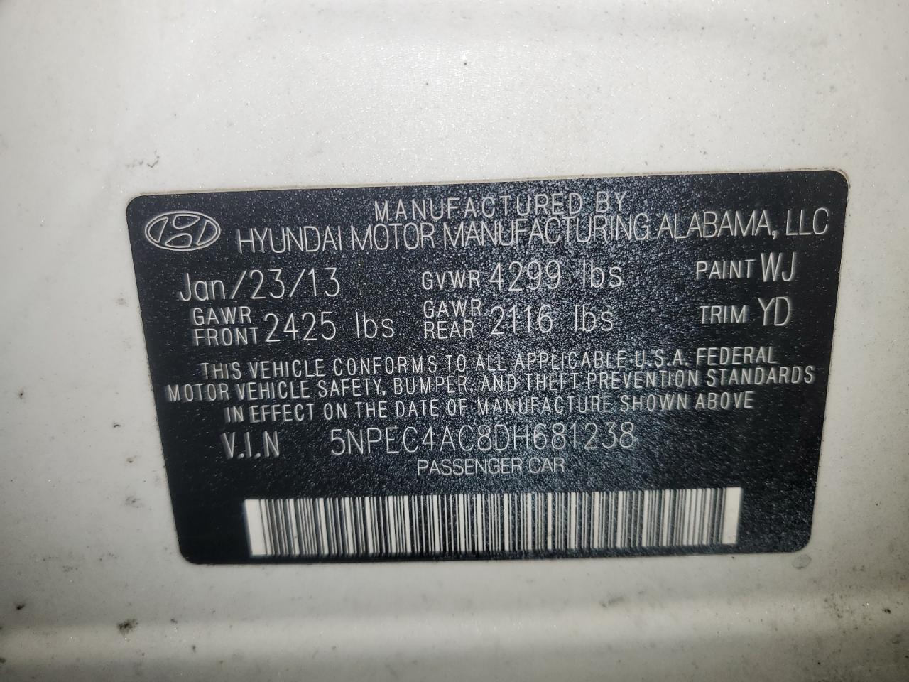 5NPEC4AC8DH681238 2013 Hyundai Sonata Se