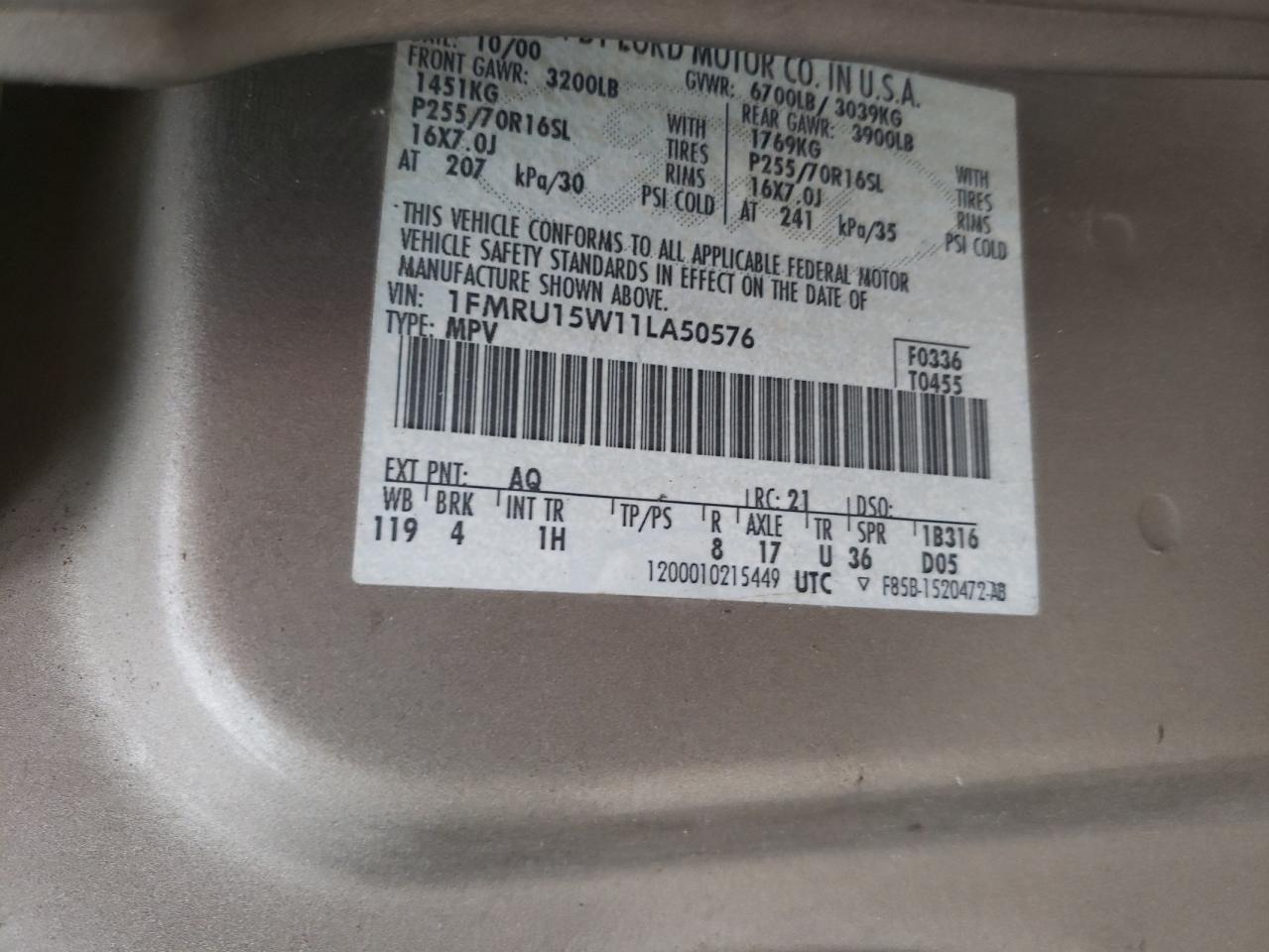 1FMRU15W11LA50576 2001 Ford Expedition Xlt