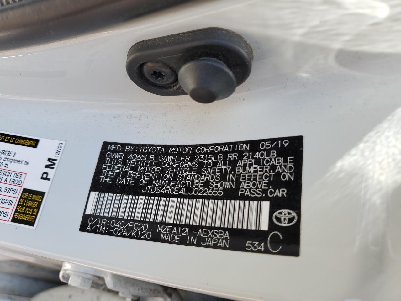 JTDS4RCE4LJ022655 TOYOTA COROLLA 2020
