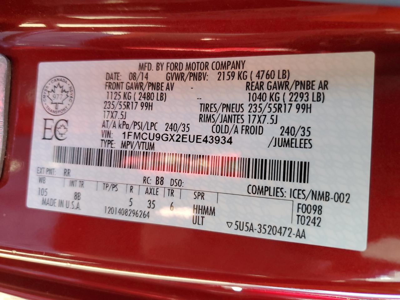 1FMCU9GX2EUE43934 2014 Ford Escape Se