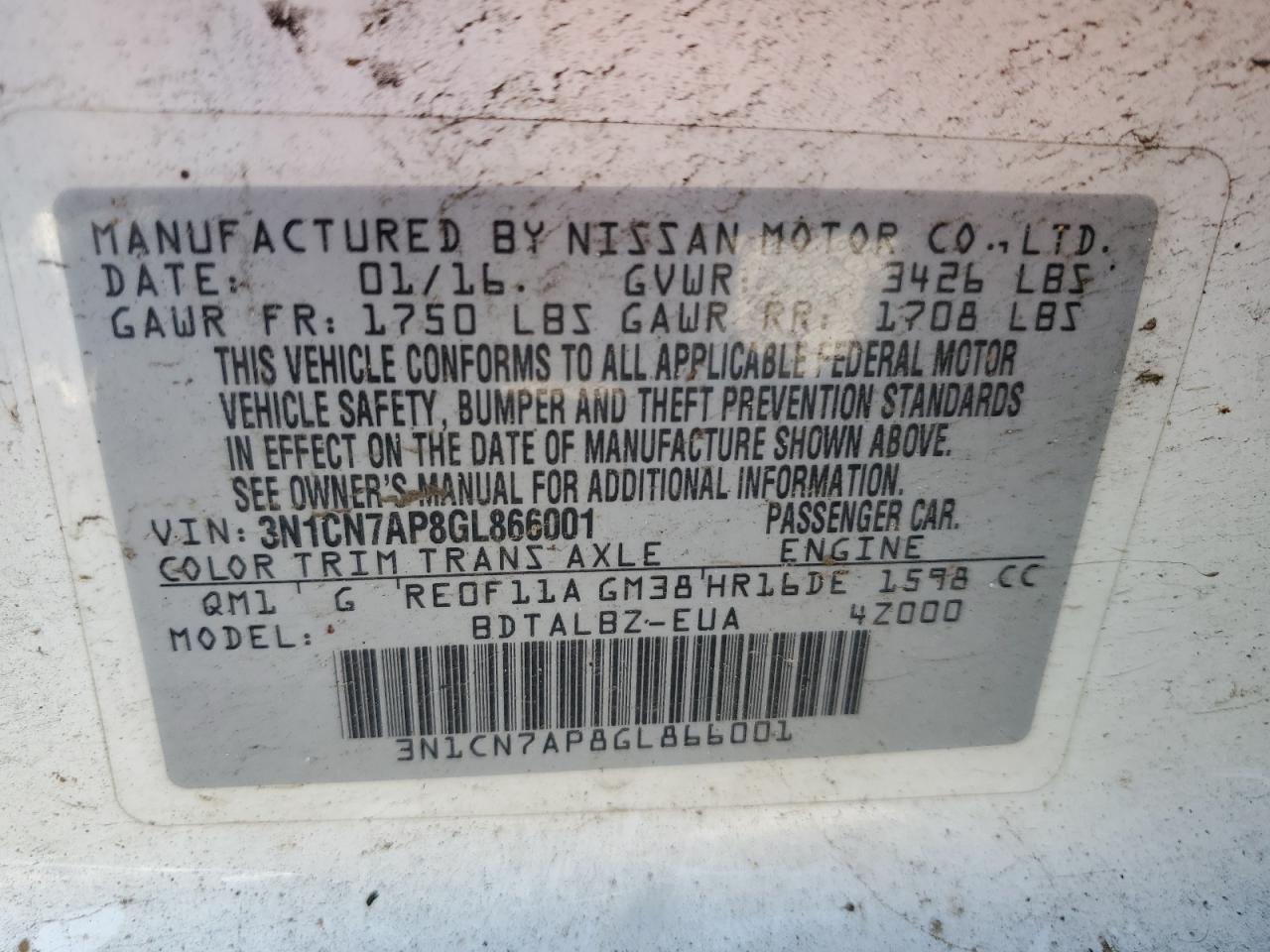 3N1CN7AP8GL866001 NISSAN VERSA 2016