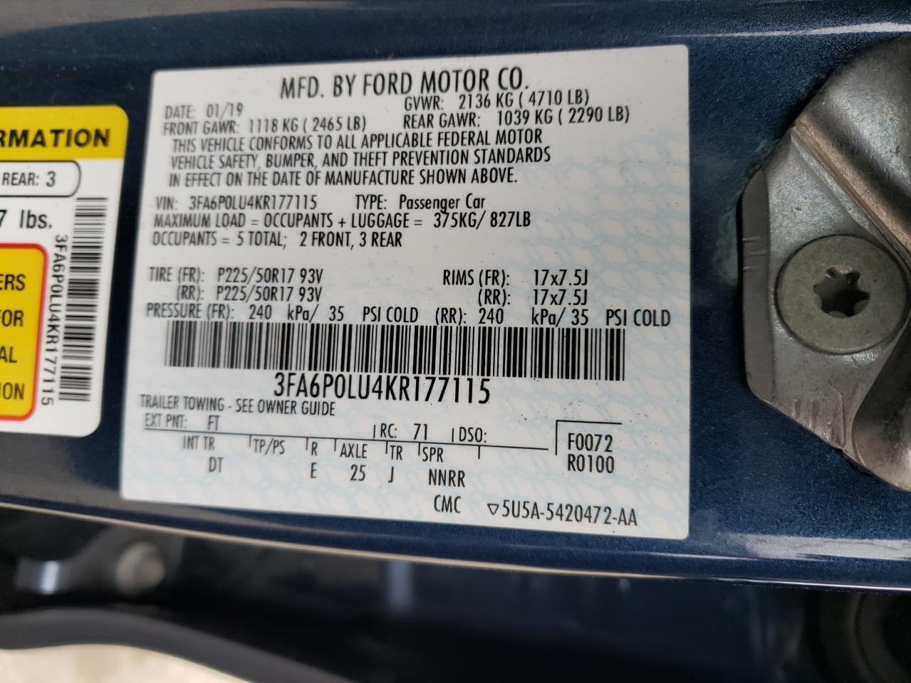 3FA6P0LU4KR177115 FORD FUSION 2019