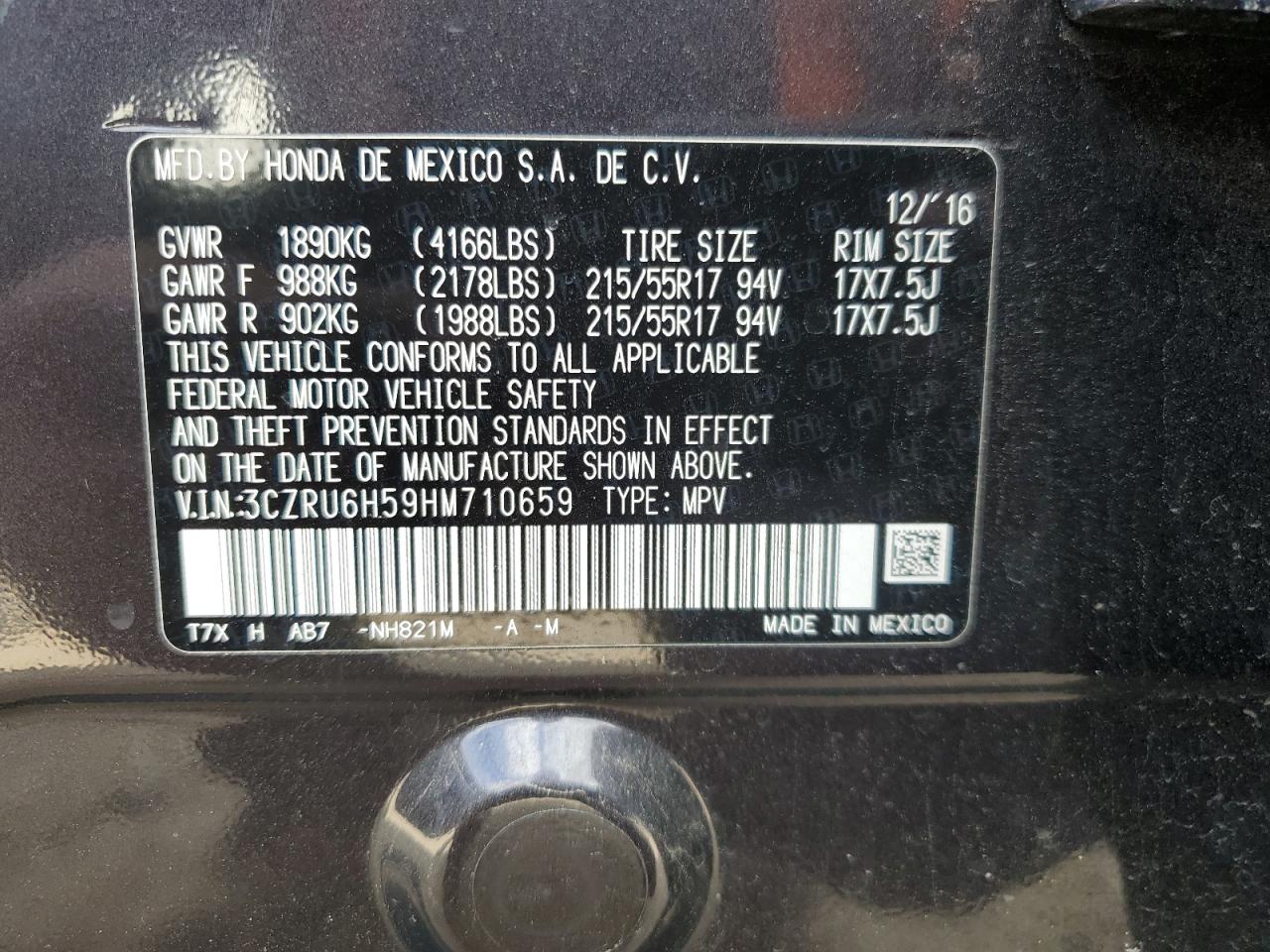 3CZRU6H59HM710659 HONDA HR-V 2017