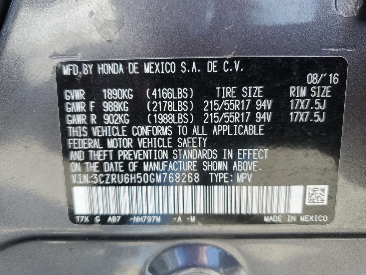 3CZRU6H50GM768268 HONDA HR-V 2016