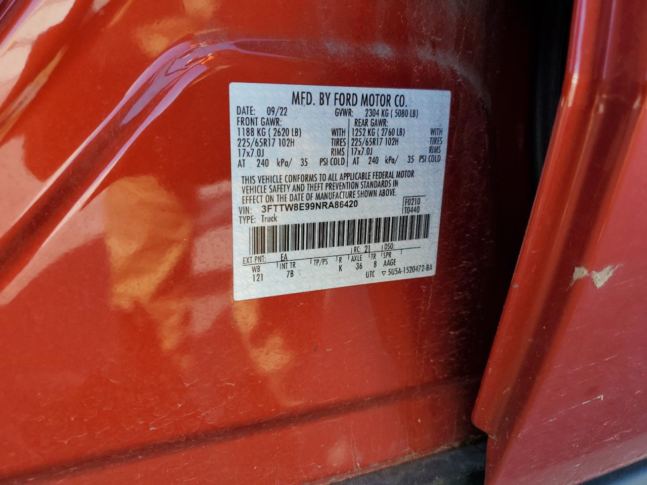 3FTTW8E99NRA86420 FORD MAVERICK 2022