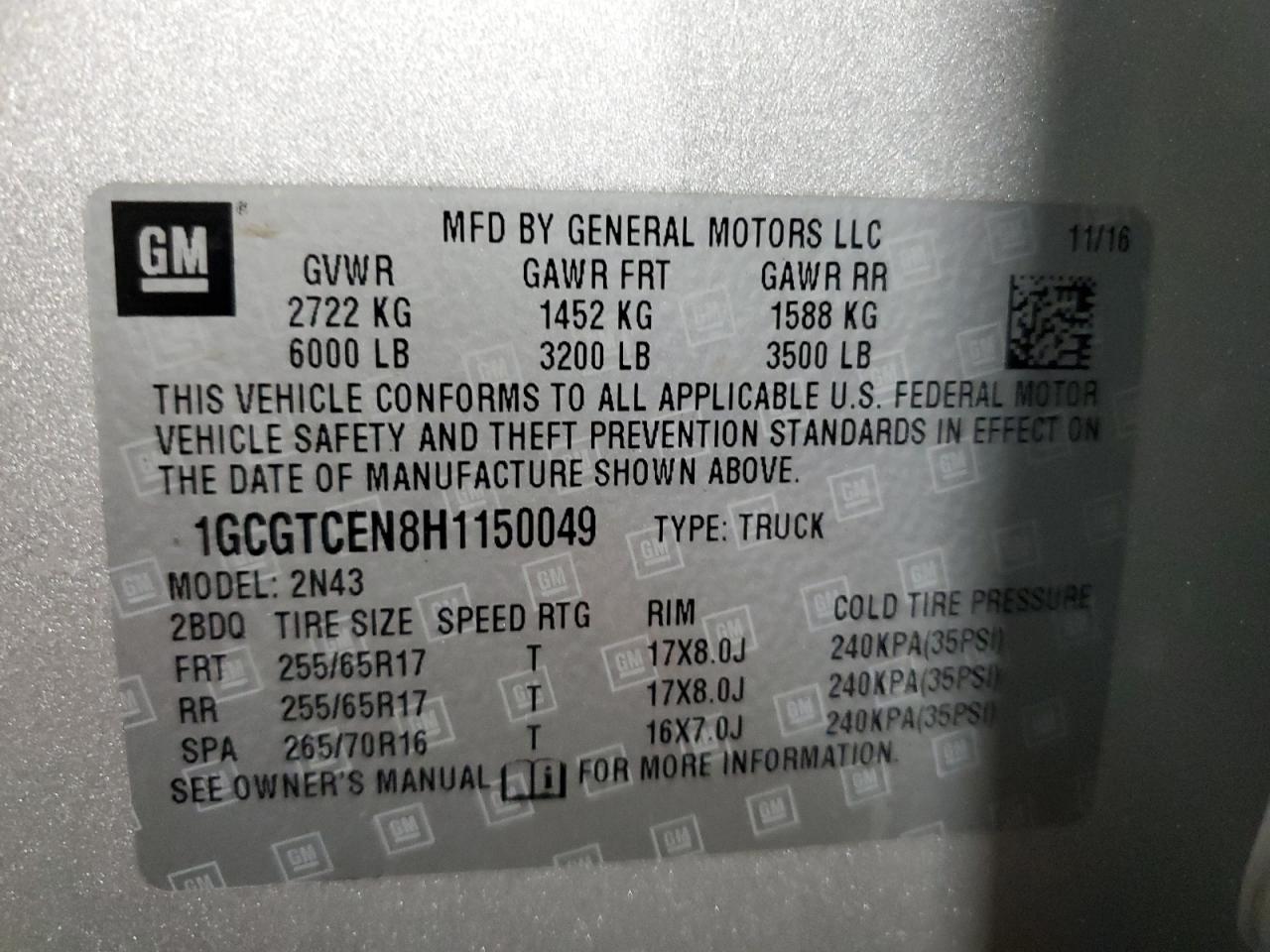 1GCGTCEN8H1150049 CHEVROLET COLORADO 2017