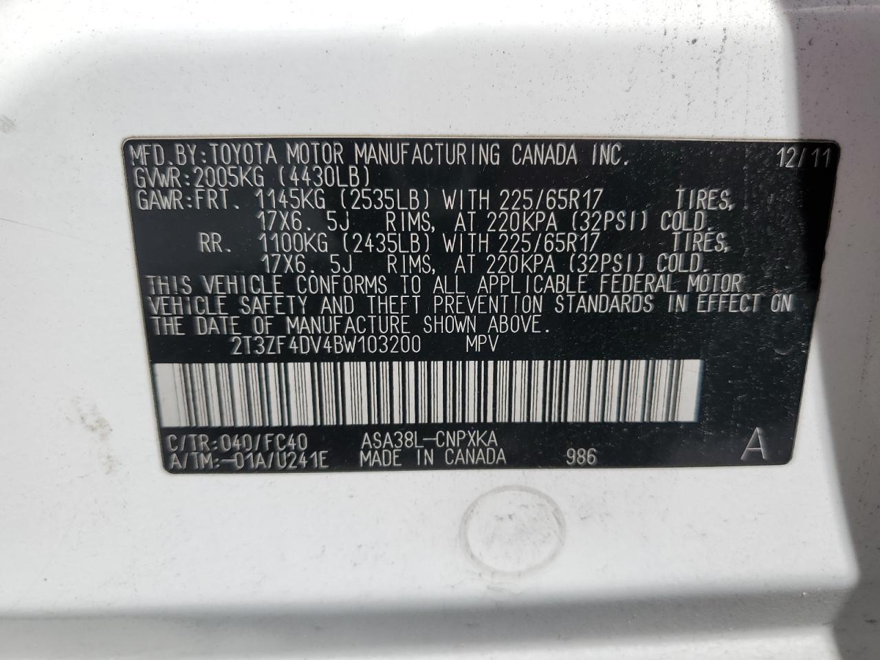 2T3ZF4DV4BW103200 2011 Toyota Rav4