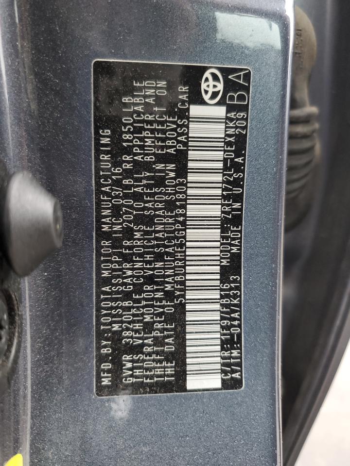 5YFBURHE5GP481803 TOYOTA COROLLA 2016