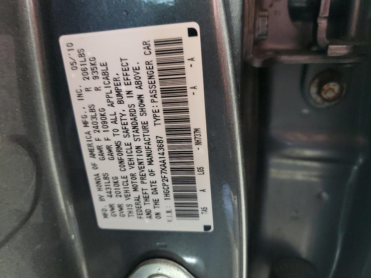 1HGCP2F7XAA143687 2010 Honda Accord Ex