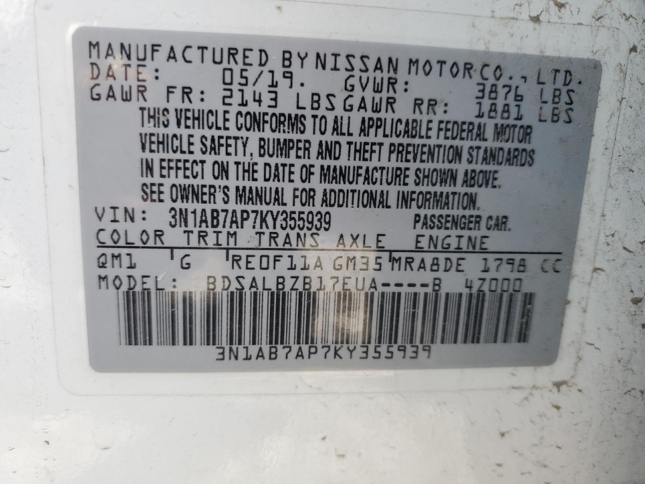 3N1AB7AP7KY355939 NISSAN SENTRA 2019
