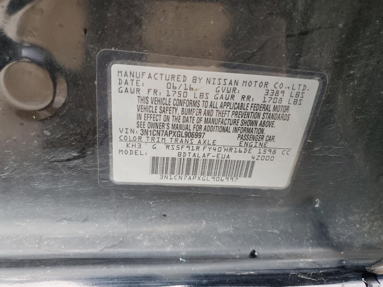 3N1CN7APXGL906997 NISSAN VERSA 2016