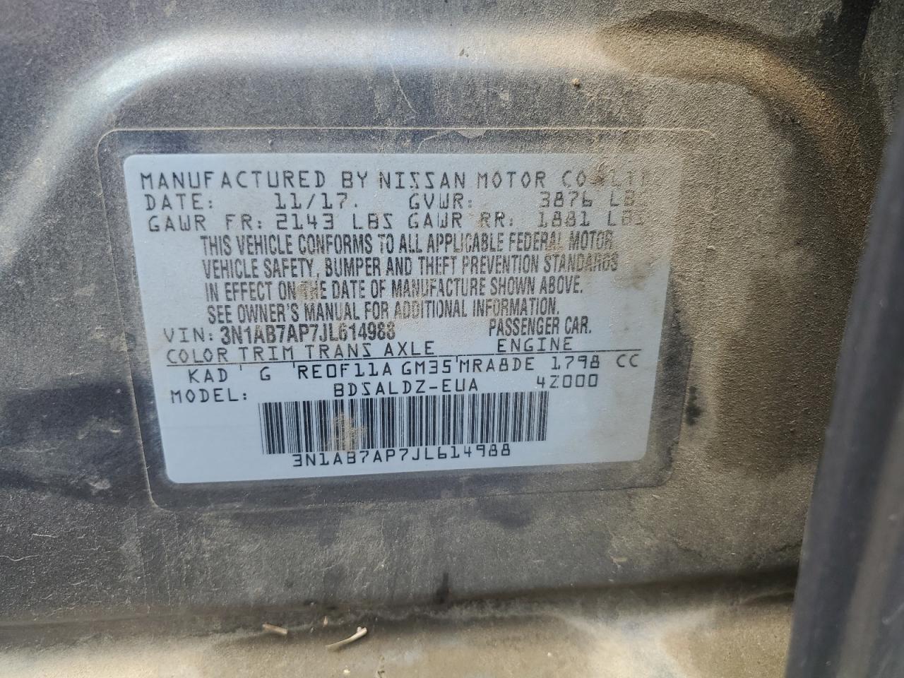 3N1AB7AP7JL614988 NISSAN SENTRA 2018