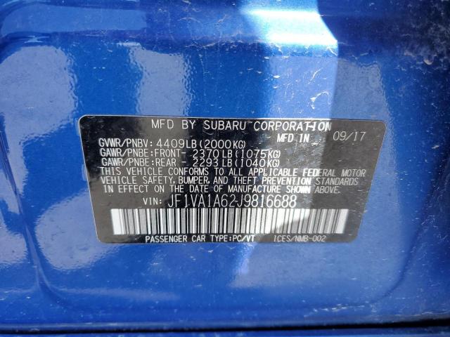 2018 Subaru Wrx VIN: JF1VA1A62J9816688 Lot: 50908564