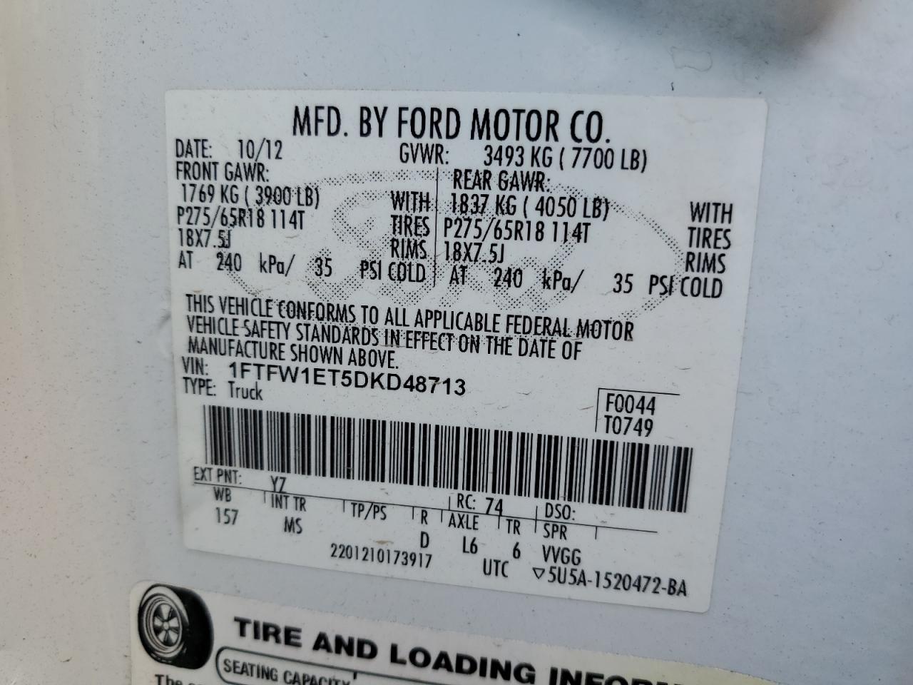 1FTFW1ET5DKD48713 2013 Ford F150 Supercrew