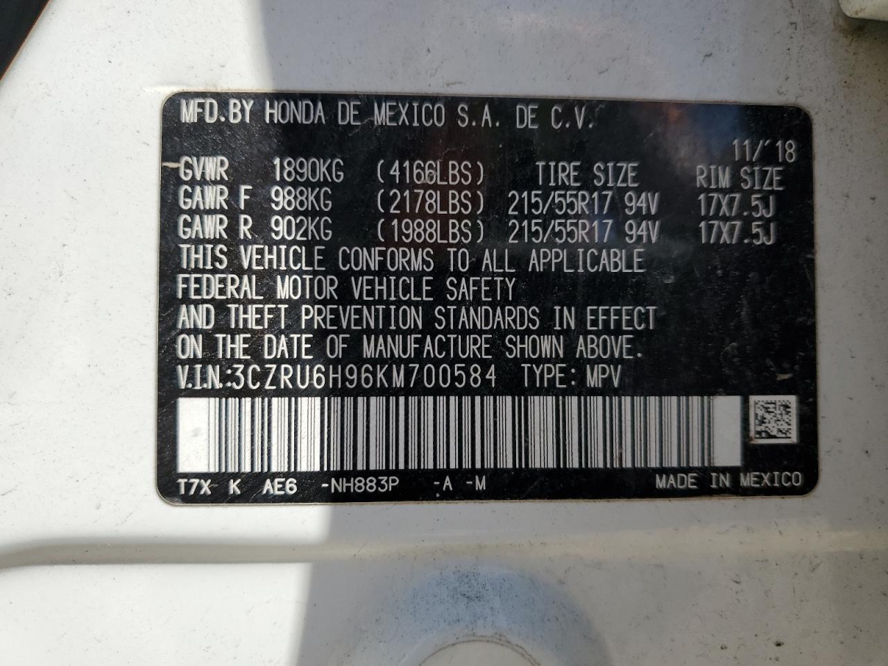 3CZRU6H96KM700584 HONDA HR-V 2019
