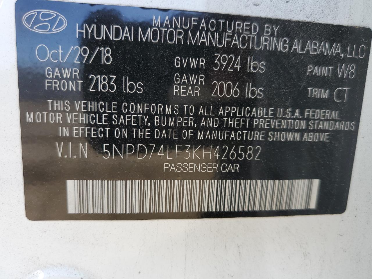 5NPD74LF3KH426582 2019 Hyundai Elantra Se