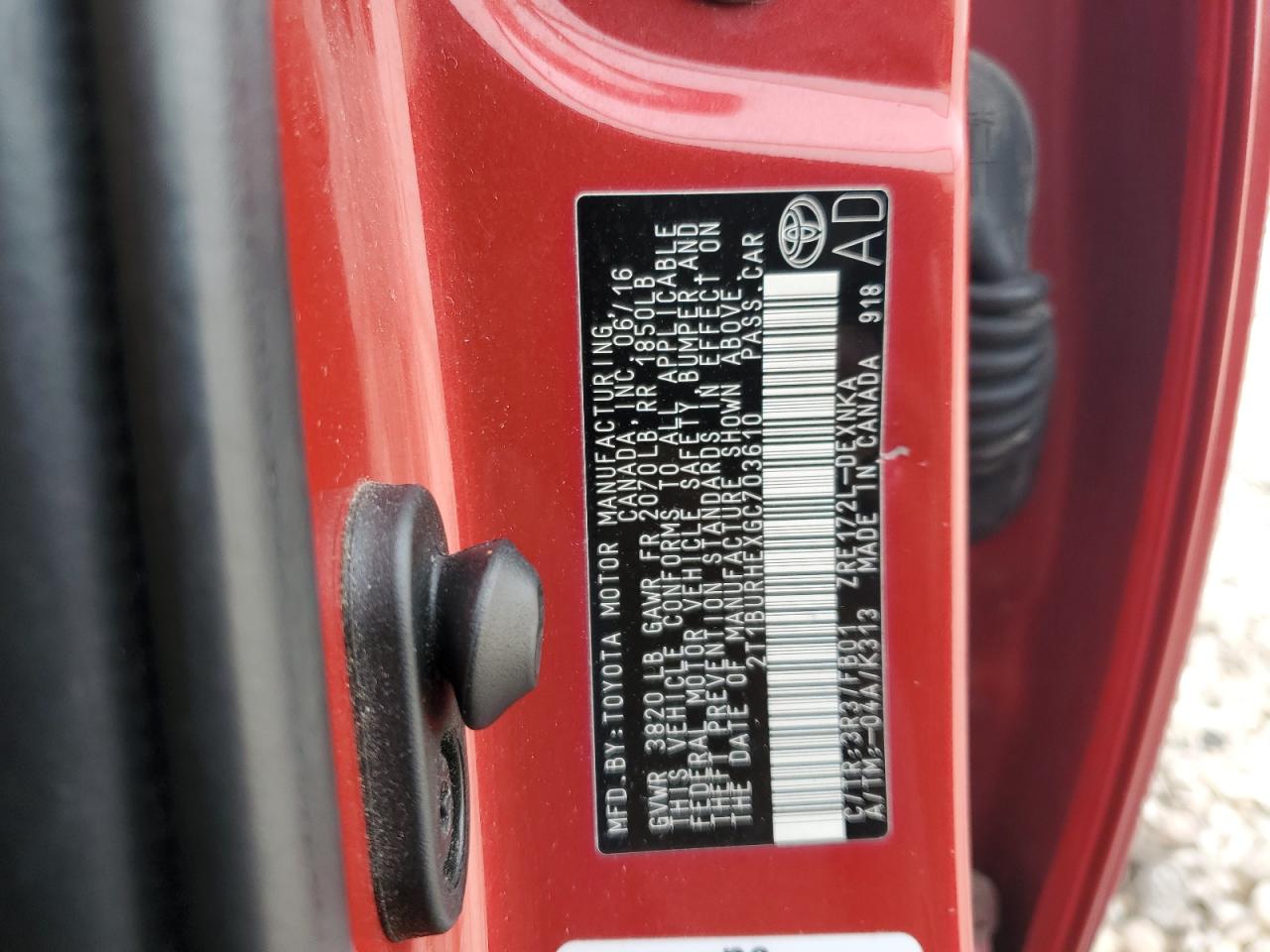 2T1BURHEXGC703610 TOYOTA COROLLA 2016
