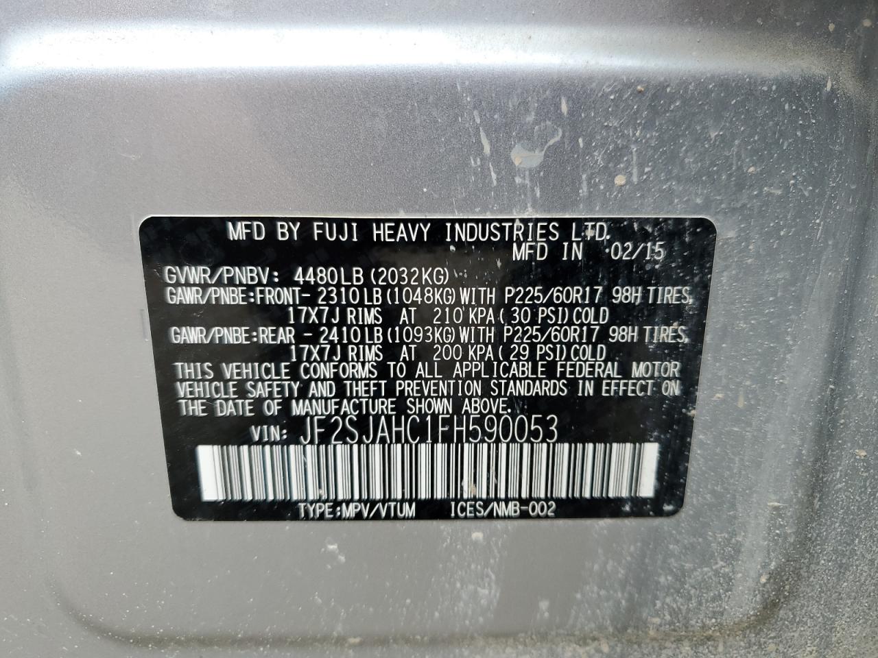 JF2SJAHC1FH590053 2015 Subaru Forester 2.5I Limited