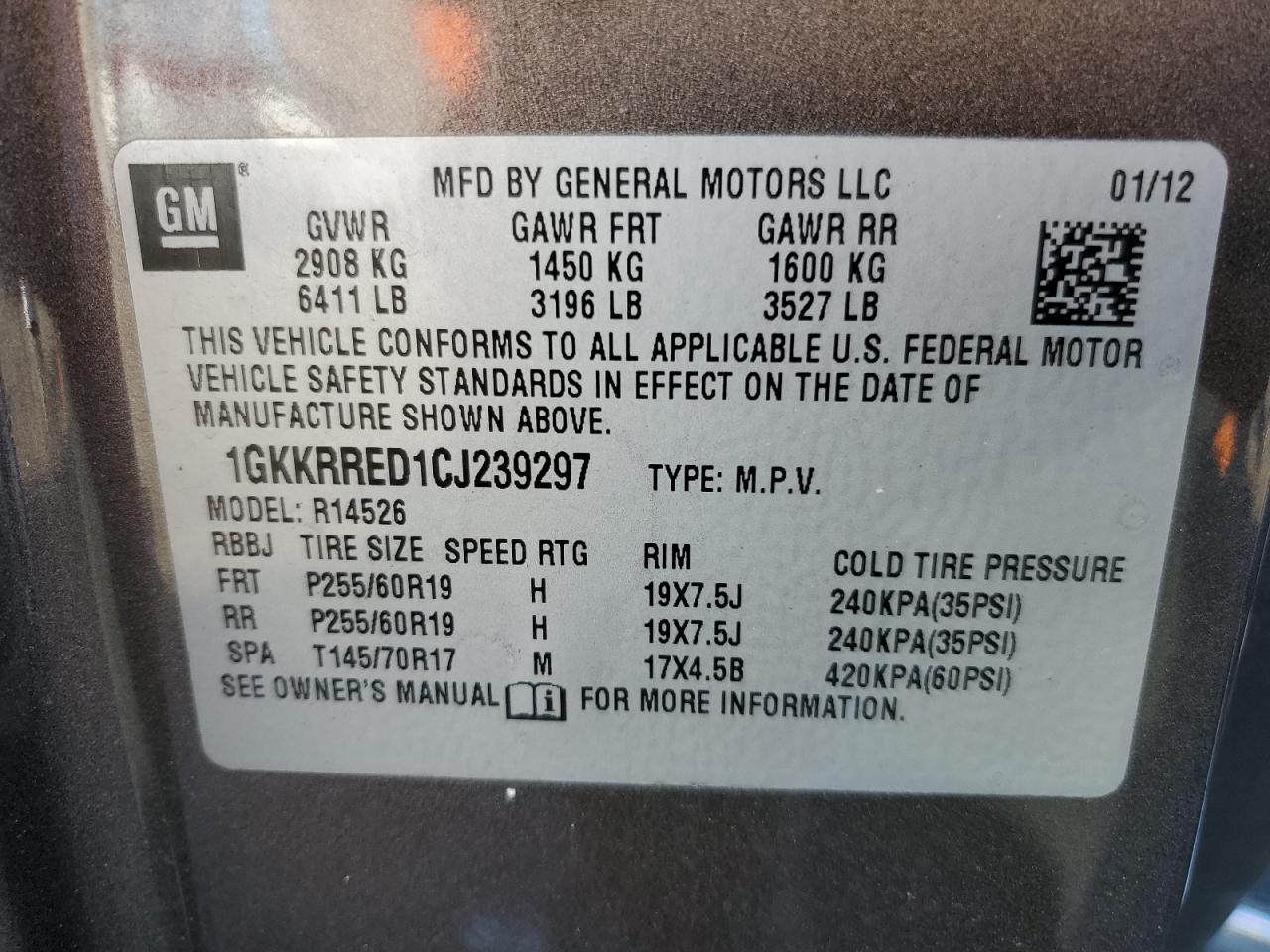 1GKKRRED1CJ239297 2012 GMC Acadia Slt-1