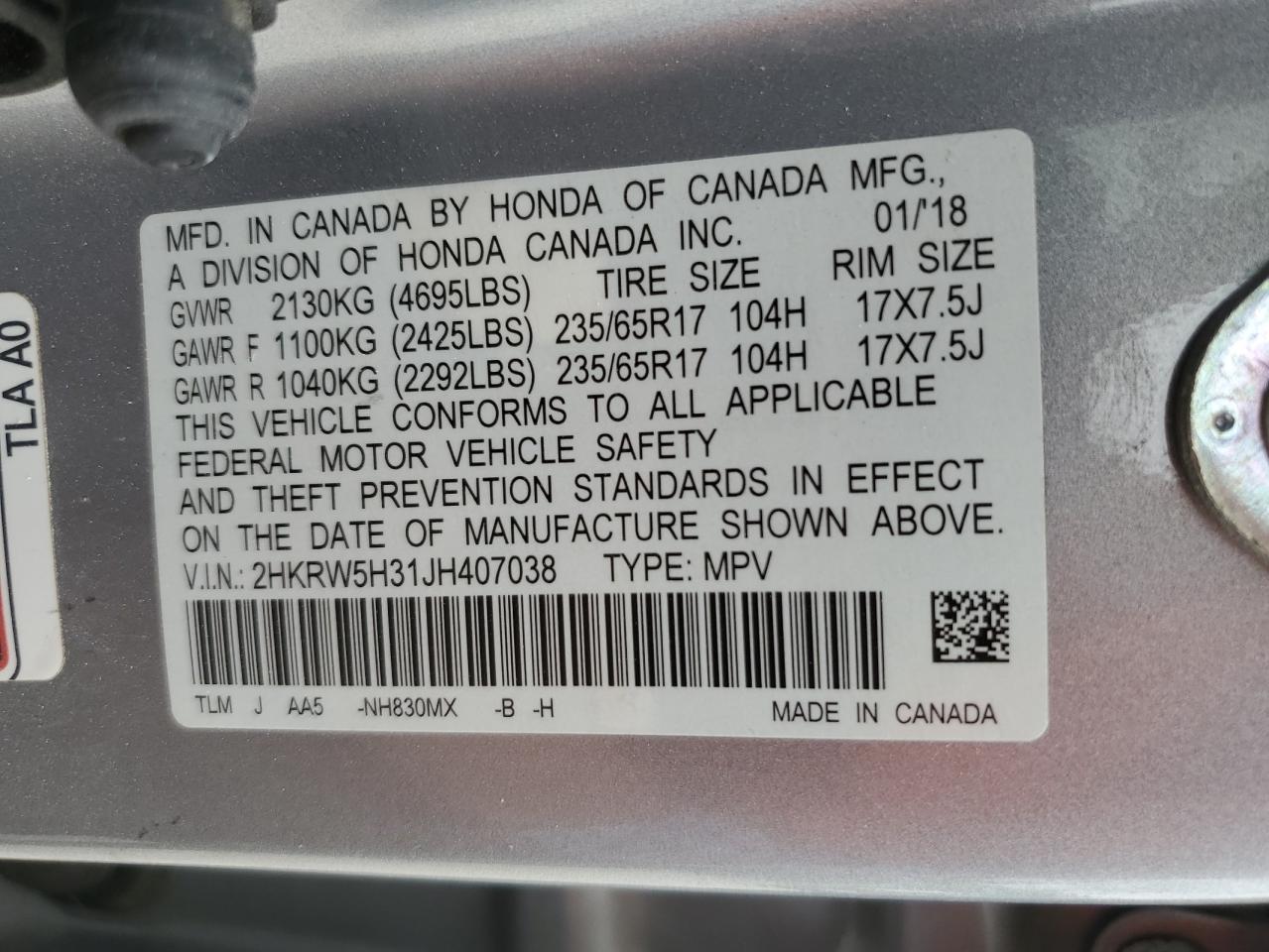 2HKRW5H31JH407038 HONDA CRV 2018