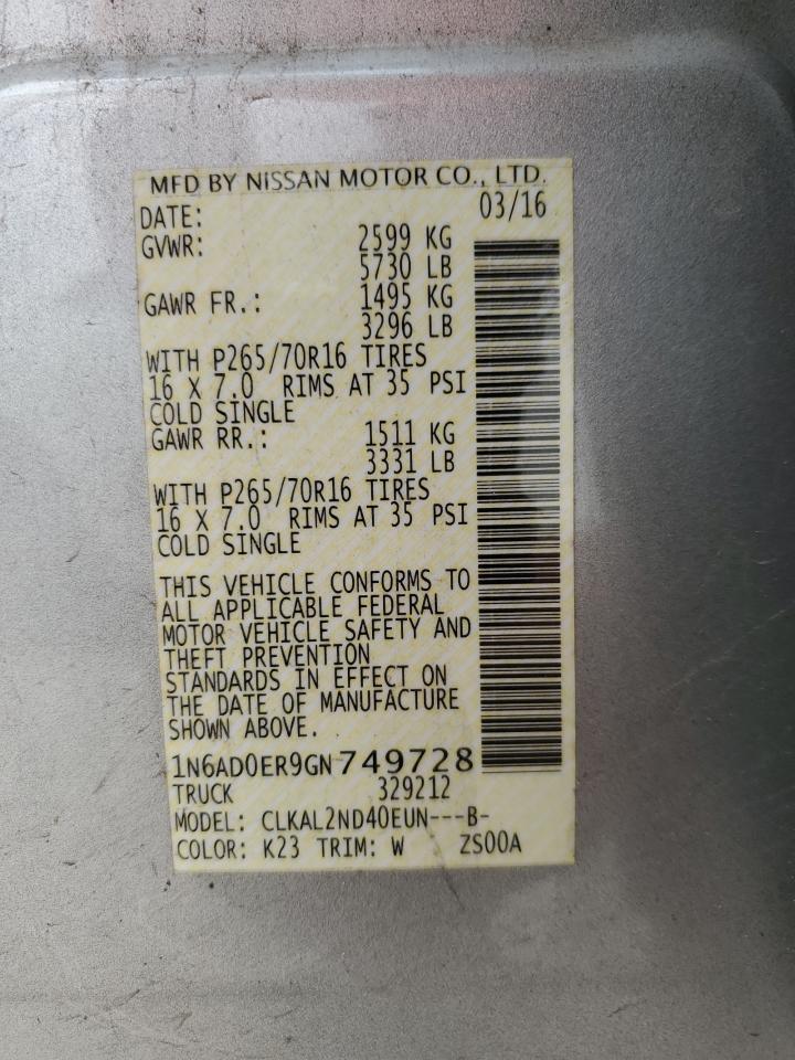 1N6AD0ER9GN749728 NISSAN FRONTIER 2016
