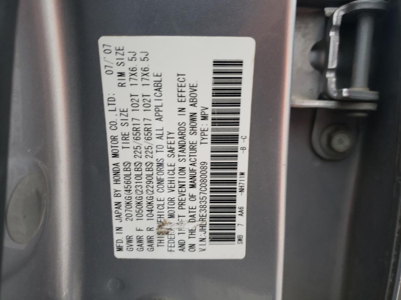 JHLRE38357C080089 2007 Honda Cr-V Lx