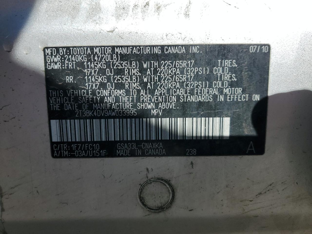 2T3BK4DV9AW033995 2010 Toyota Rav4