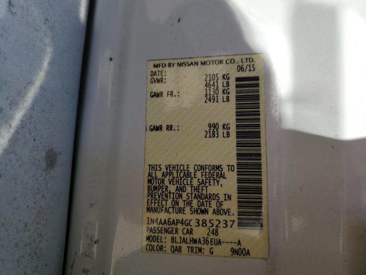 1N4AA6AP4GC385237 NISSAN MAXIMA 2016