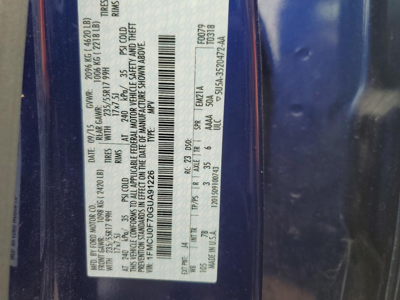 1FMCU0F70GUA91226 FORD ESCAPE 2016