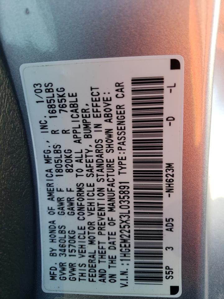 1HGEM225X3L035891 2003 Honda Civic Lx