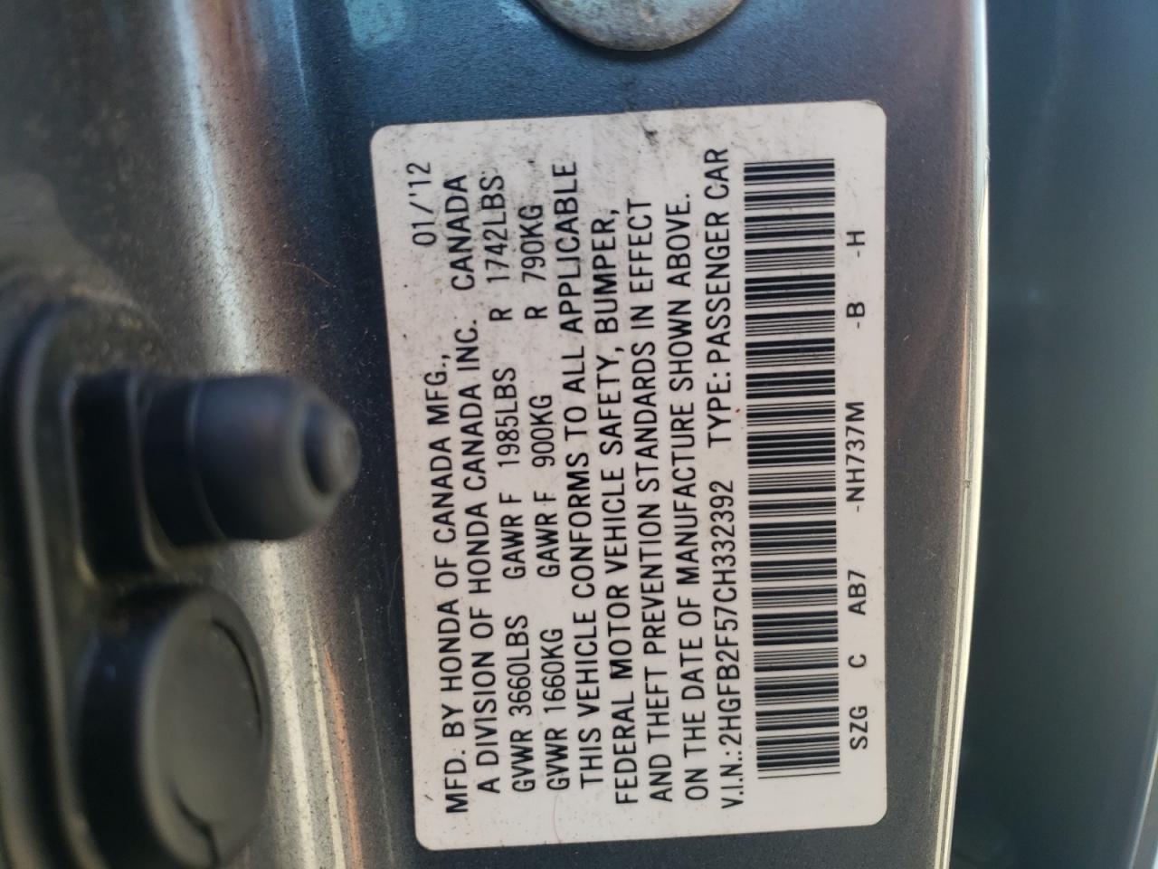 2HGFB2F57CH332392 2012 Honda Civic Lx