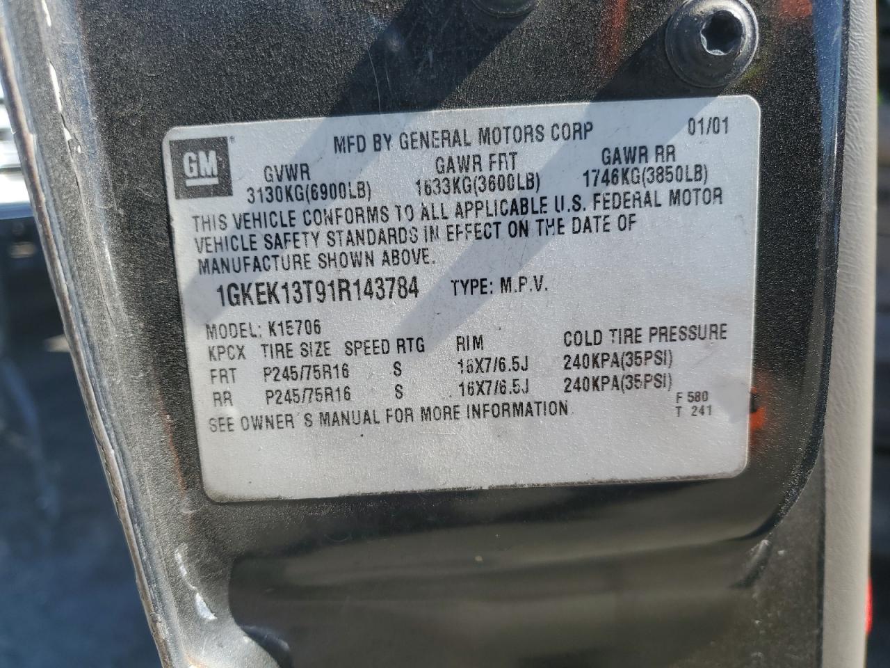 1GKEK13T91R143784 2001 GMC Yukon