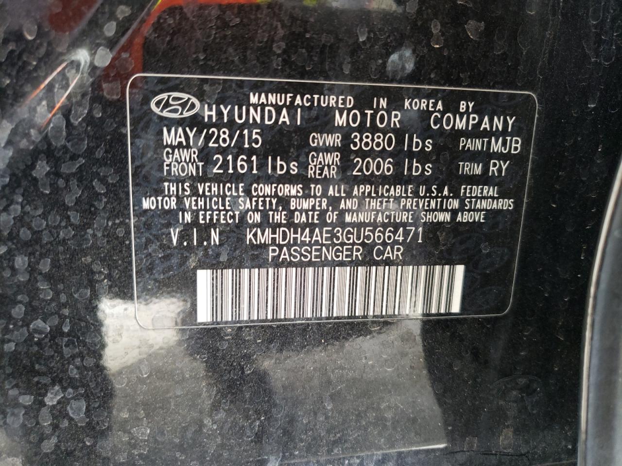 KMHDH4AE3GU566471 HYUNDAI ELANTRA 2016
