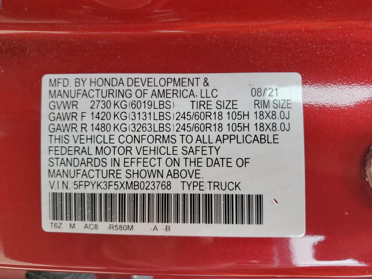 5FPYK3F5XMB023768 HONDA RIDGELINE 2021
