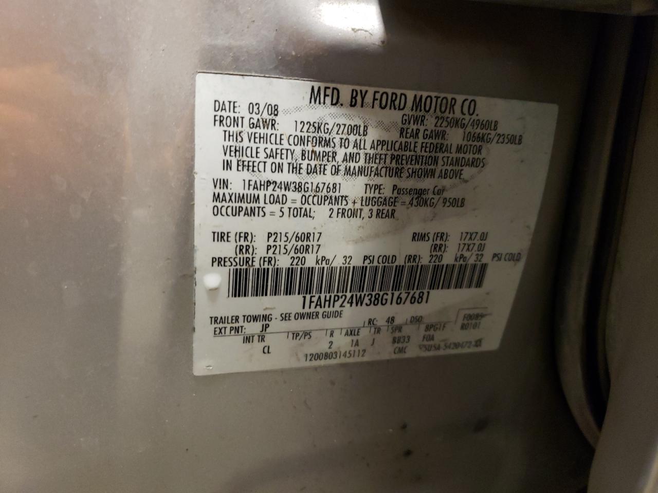 1FAHP24W38G167681 2008 Ford Taurus Sel