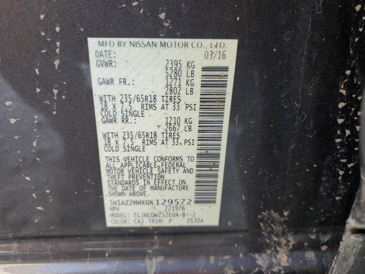 5N1AZ2MHXGN129572 NISSAN MURANO 2016