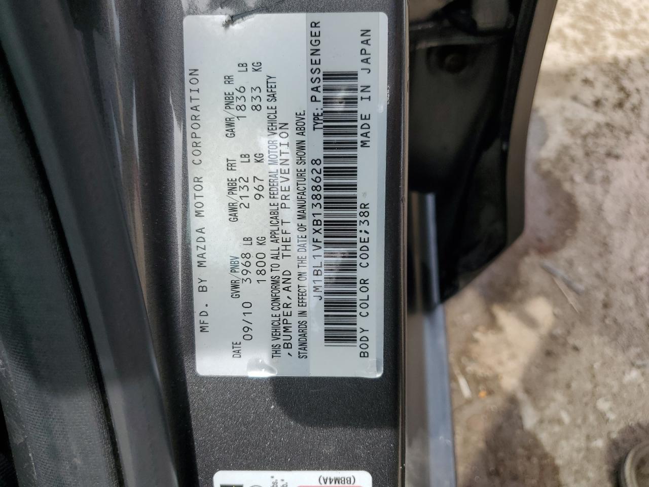 JM1BL1VFXB1388628 2011 Mazda 3 I