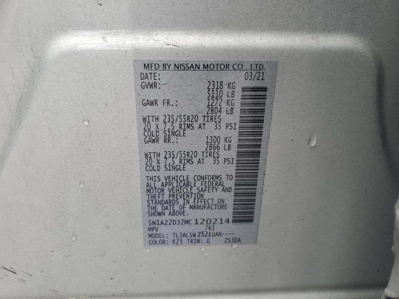 5N1AZ2DJ2MC120214 NISSAN MURANO 2021
