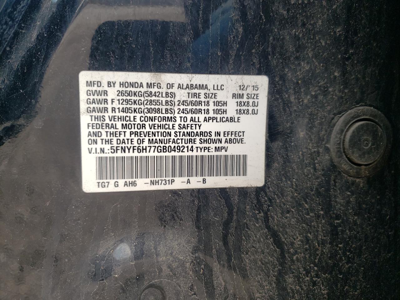 5FNYF6H77GB049214 HONDA PILOT 2016