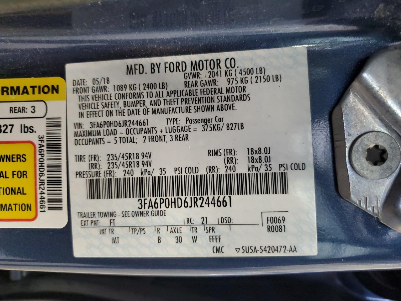 3FA6P0HD6JR244661 FORD FUSION 2018