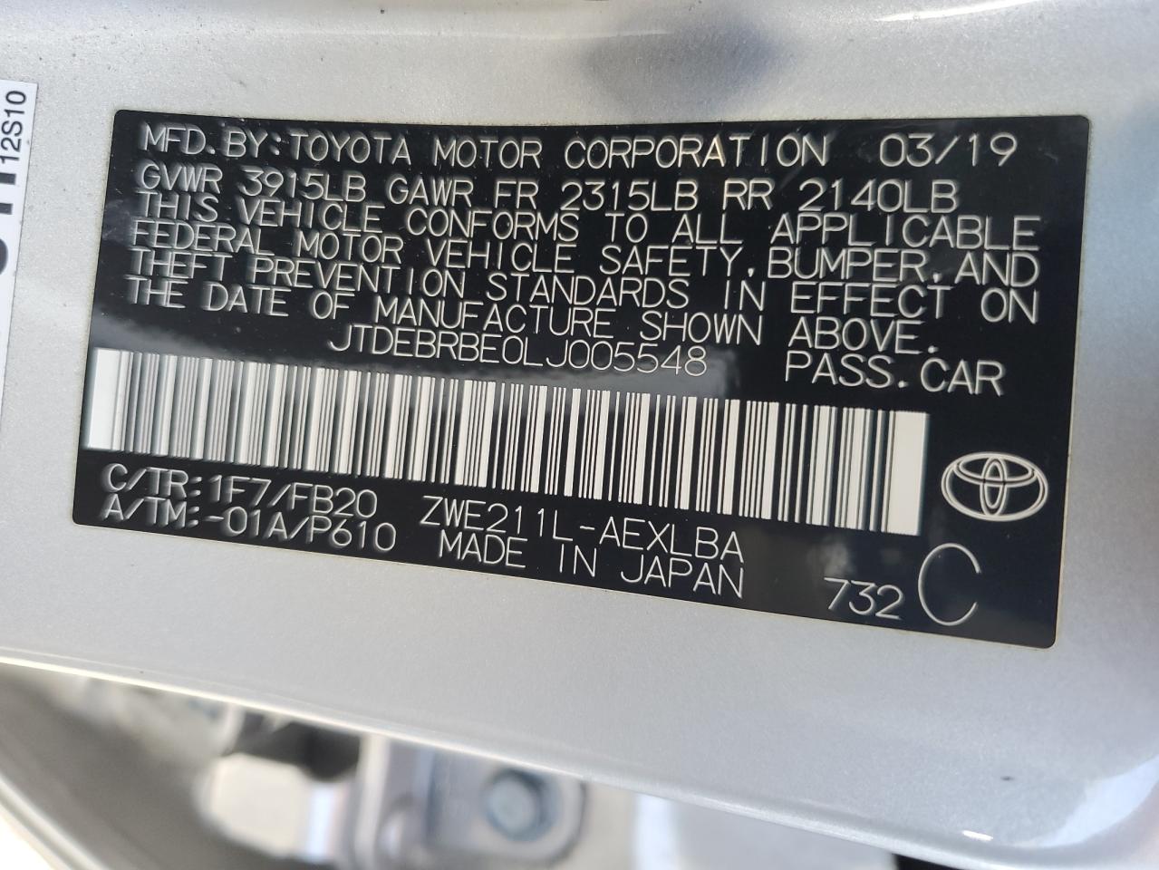 JTDEBRBE0LJ005548 TOYOTA COROLLA 2020