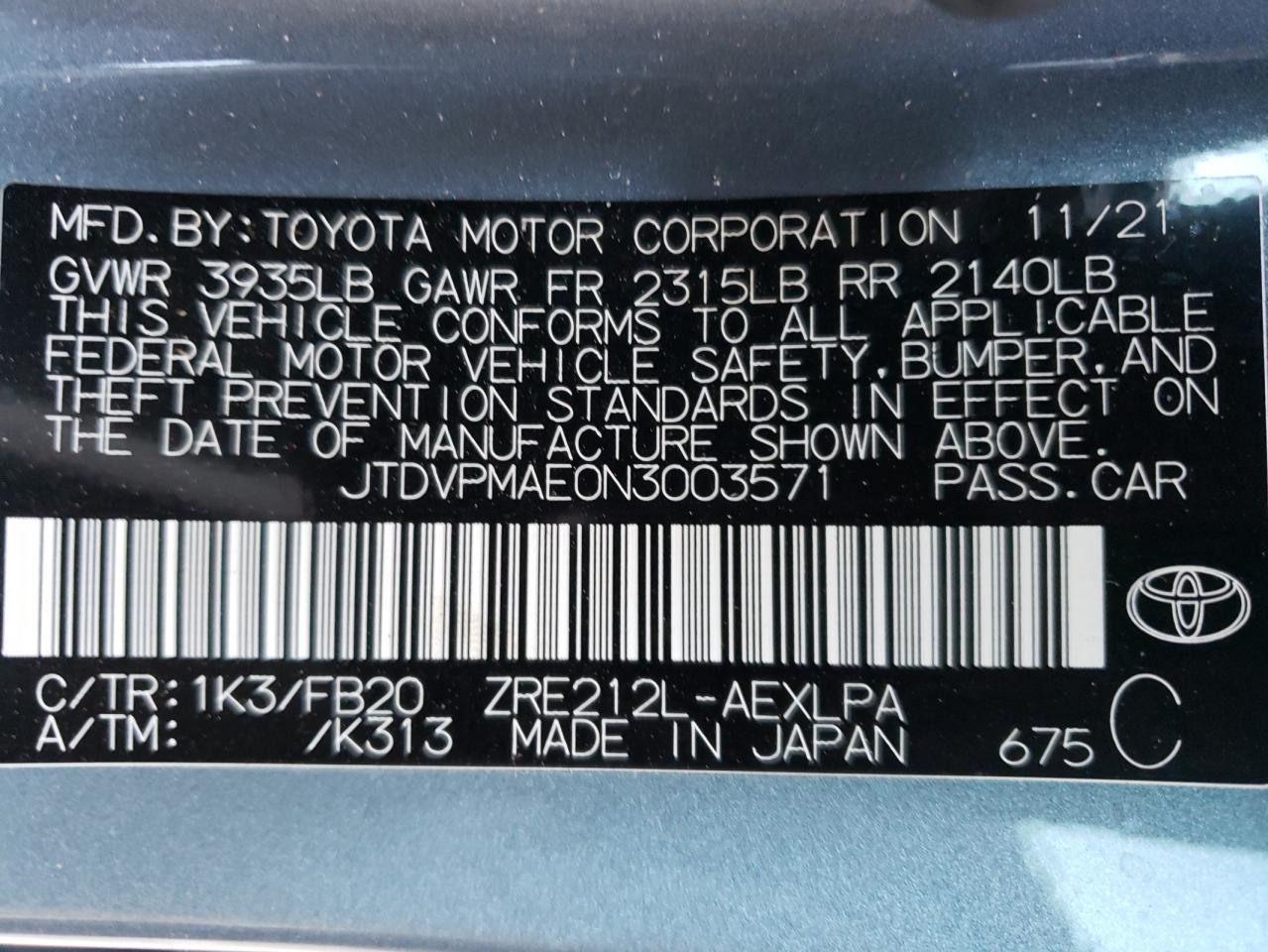 JTDVPMAE0N3003571 TOYOTA COROLLA 2022