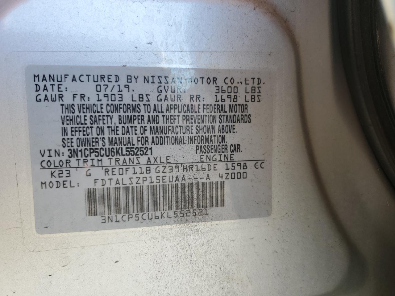 3N1CP5CU6KL552521 NISSAN KICKS 2019