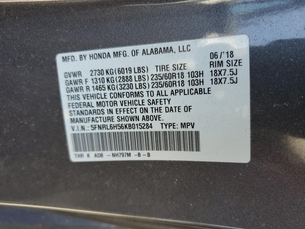 5FNRL6H56KB015284 HONDA All Models 2019