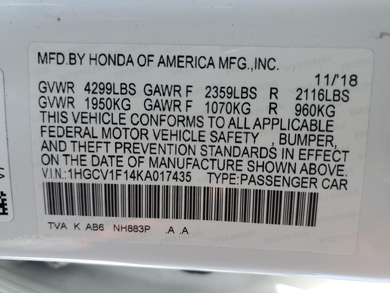 1HGCV1F14KA017435 2019 Honda Accord Lx