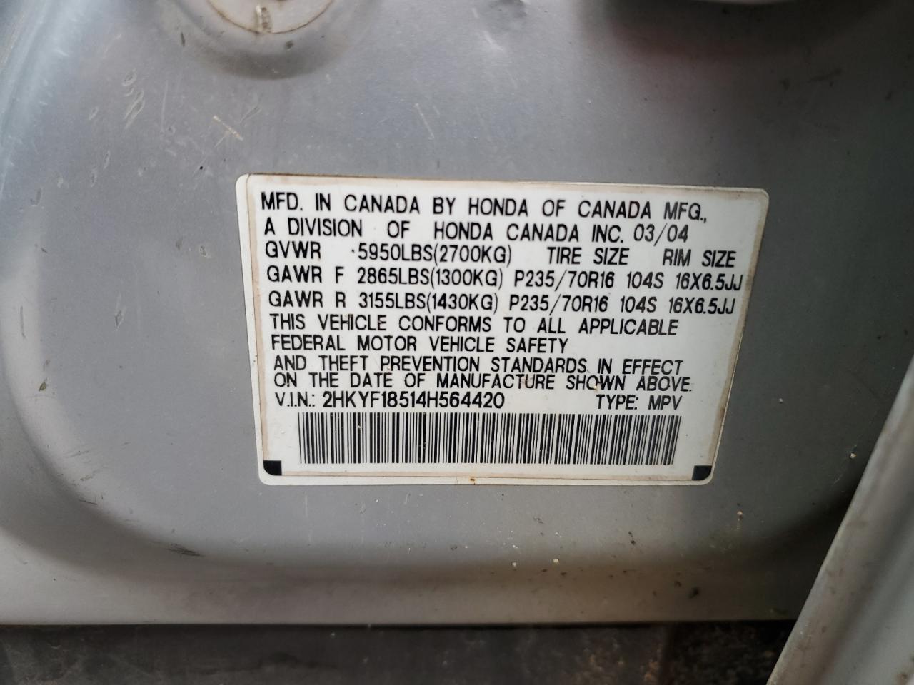 2HKYF18514H564420 2004 Honda Pilot Exl